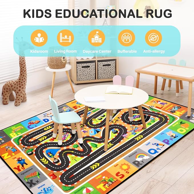Race Track Car Rug 6x9FT Road Rug for Kids Toy Cars Non-Slip Play Carpet Baby Play Mat for Floor Washable ABC Alphabet Playroom Nursery Preschool Daycare Classroom Carpet