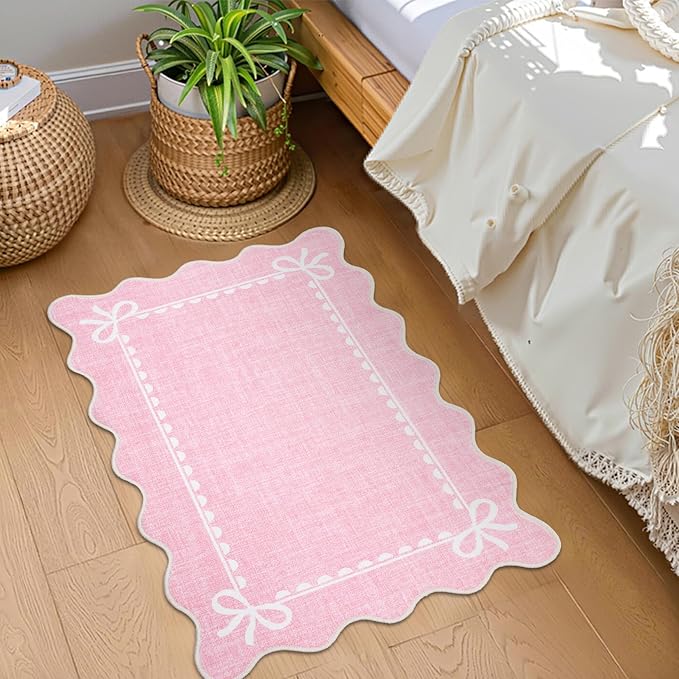 GarveeHome Scalloped Bow Rug for Kitchen Floor, Solid Pink Rug for Dorm, Washable Entryway Rugs 2x3 Soft Low Pile Non Slip Scalloped Rugs for Nursery Bedroom Decor Hallway