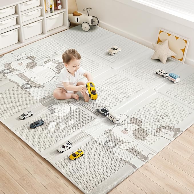 Baby Floor Play Mat 47"x47" Baby Playpen Mat, Foldable Baby Girl Playmat, Reversible Waterproof Foam Play Mats for Baby, 0.4 inch Crawling Baby Mat for 50" X 50" & 47"x47" Playpen(47*47*0.4)