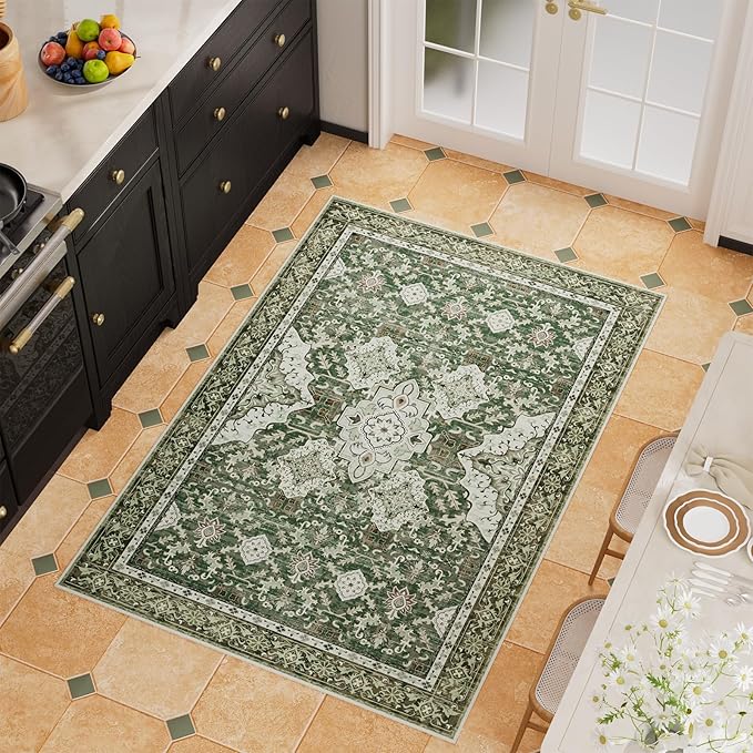 AMTOVO 2x3 Washable Entryway Area Rug Door Mat, Vintage Boho Distressed Print Pattern Non-Slip Carpet, Small Throw Rug for Indoor Entrance Kitchen Bedroom Bathroom Laundry Floor, Dark Green