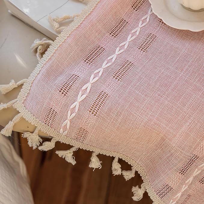 Deeprove Blush Pink Boho Curtain 84 inches Long for Living Room Bedroom, Vintage Bohemian Sheer Cotton Linen 84 inch Floor Length 7 FT Striped Embroidery Privacy Window Tassel W52 x L84, 1 Panel