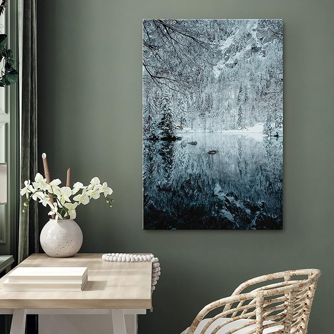 SIGNWIN Canvas Wall Art Woodland Nursery Decor Magical Winter Reflection Lake Nature Forest Photography Realism Rustic Scenic Dramatic Multicolor Cool for Living Room - 24"x36" inches
