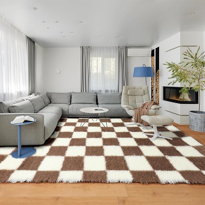 KICMOR Living Room Rug 5x8 Brown and Cream White, Large Fluffy Shag Fuzzy Checkered Area Rugs Shaggy Bedroom Carpet, Indoor Soft Plush Furry Big Rug for Teen Kids Boys Girls Room Nursery Home Decor