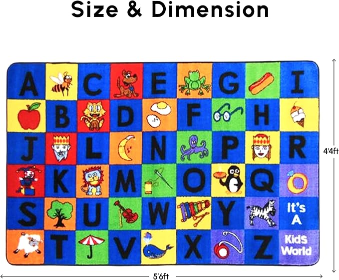 SAFECASTLE Kids Carpet Alphabet Rug – Little Charlie 4’4” x 5’6” – Educational ABC Nursery Learning Rug for Preschool, Classroom, Playroom, Daycare & Kids’ Bedroom – Durable Nylon Area Rug