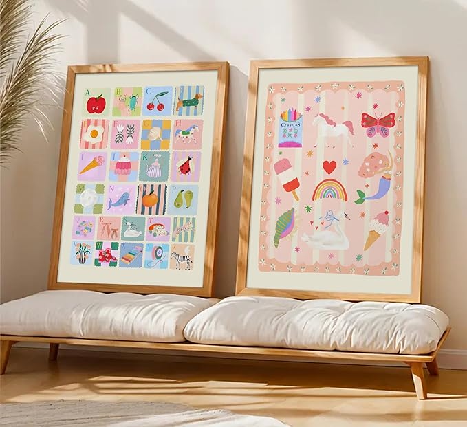Colourful Nursery Canvas Wall Art ABC Nursery Wall Decor Pink Butterflies and Flowers Painting Picture Pastel Girl Kid Rainbow Poster Print for little Girl's Bedroom Kids Room Babys Playroom, Unframed
