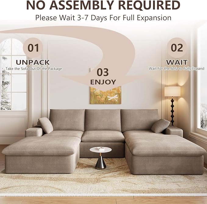 107" Cloud Modular Sectional Sofa with 1 Ottoman, Deep Seat Boneless Couch, Modern Upholstered Corduroy Couches, Comfort U Shaped Sofa for Living Room, No Assembly Required(Camel,Right Facing Chaise)