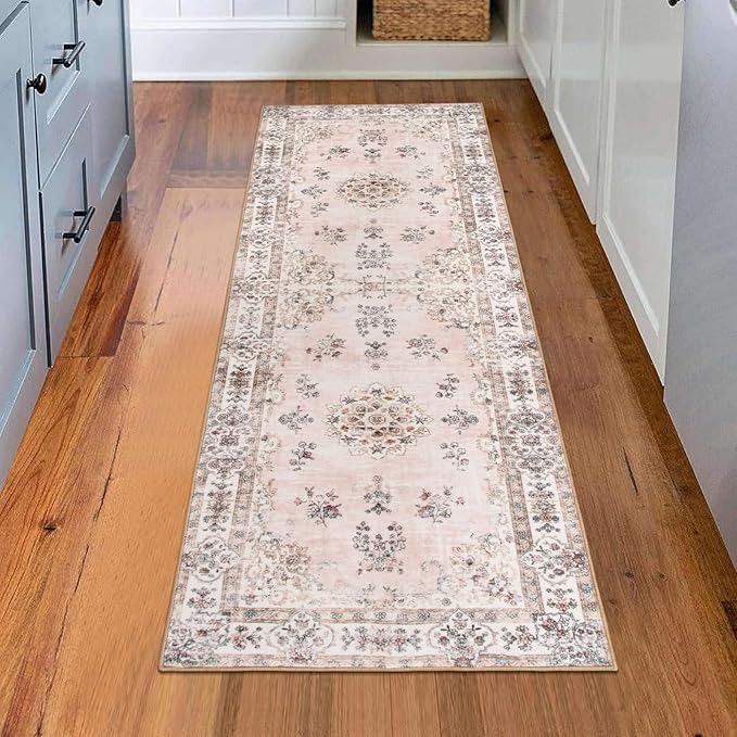 Lahome Washable 2x6 Kitchen Runner Rugs, Retro Distressed Pink Floral Print Runner for Hallway Bathroom Entryway, Low Pile Non-Slip Water Repellent Stain Resistant Mat for Floor Protection
