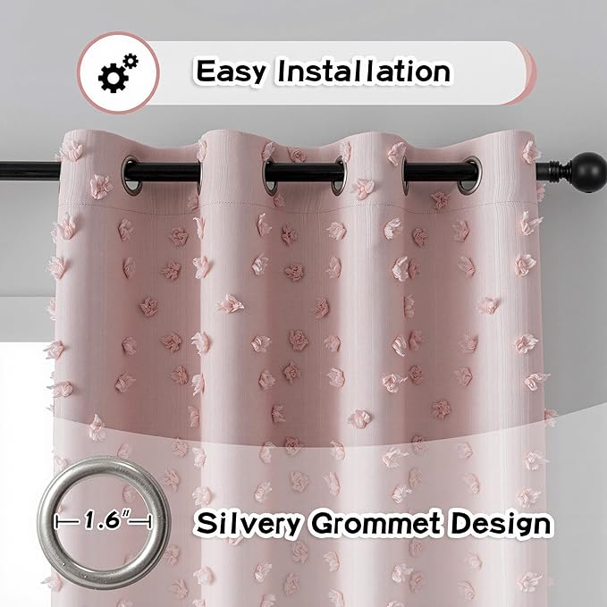 MYSKY HOME 100% Blackout Curtains for Nursery Thermal Insulated Blush Pink Pom Pom Curtain 72 Inch Length for Girls Bedroom 2 Panels Grommet White Sheer Drapes for Kitchen Dining Room Door, 52W x 72L