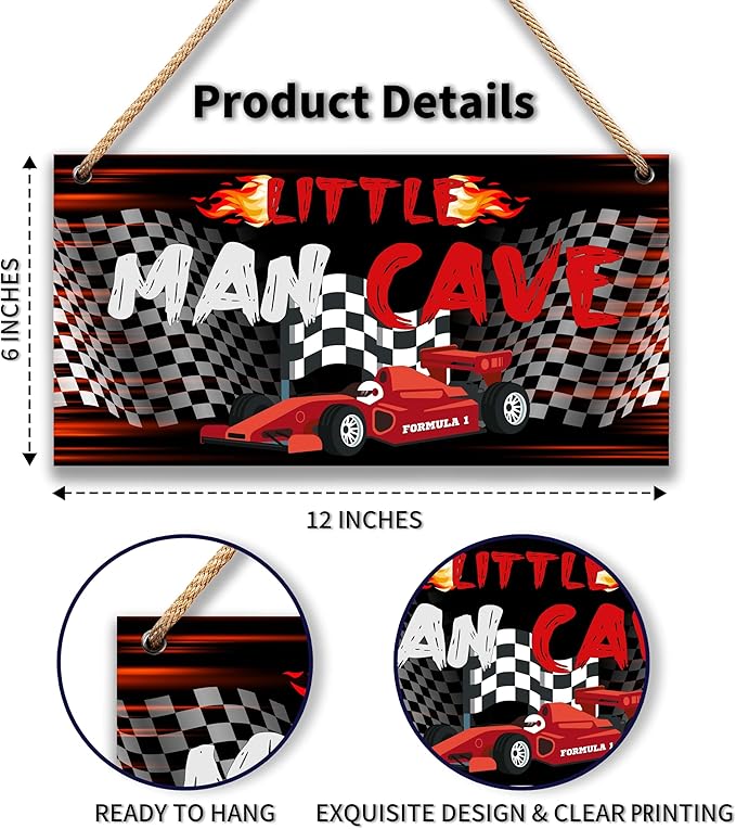 Little Man Cave Sign for Boys Car Room Wall Decor Wooden Door Sign Decorations for Men Teenager Toddler Bedroom Nursery Playroom - 6"x12" -A04