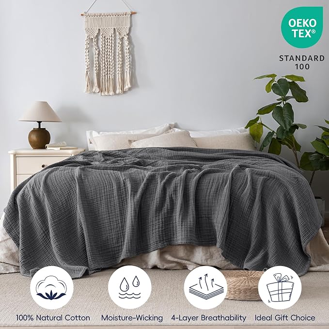 PHF 100% Cotton Muslin Blanket Twin XL Size 66"x90", 4-Layer Lightweight Gauze Throw, Breathable Cloud-Soft Minimalist Blanket for Bed, Couch, Camping & Baby, Greyish Black, Ideal Gift