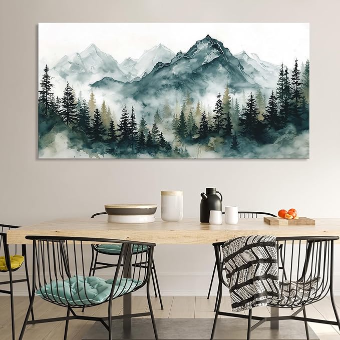 Nature Landscape Wall Art for Living Room, Foggy Forest Mountains Canvas Painting Green Blue Modern Farmhouse Wall Decor for Bedroom, Watercolor Woodland Scenery Prints Artwork Home Decoration 12"X24"