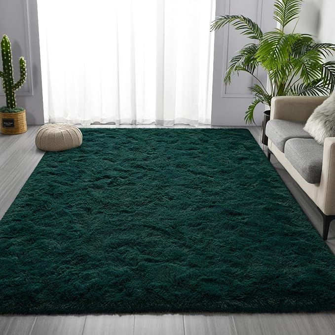 Large Shag Area Rugs 8 x 10, Plush Fuzzy Rugs for Living Room, Ultra Soft Fluffy Furry Rug for Bedroom, Indoor Carpet Nursery Rugs for Kids Room Home Decor, Deep Green