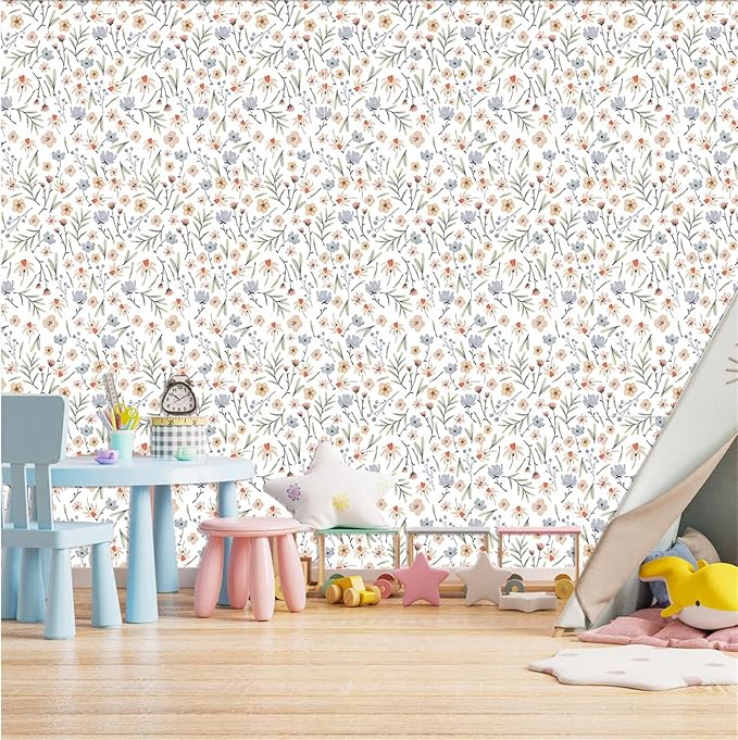 Boho Floral Wallpaper Wildflower Wall Paper Small Flower Wall Stickers Decor Botanical Floral Leaf Decals Peel and Stick Cute Flower Wallpaper for Kid Baby Room Girl Bedroom Decor