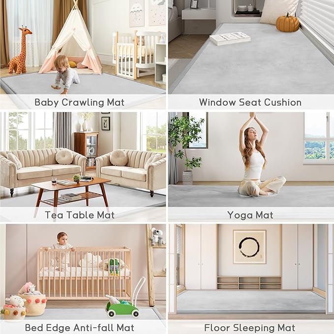 Baby Play Mat for Floor Tummy Time Mat Nursery Muscle Area Rug Playroom Rug Tatami 65"*50" Memory Foam 1.3" Thick Crawling For Babies,Toddlers, Infants, Kids,Floor(Light Gray)