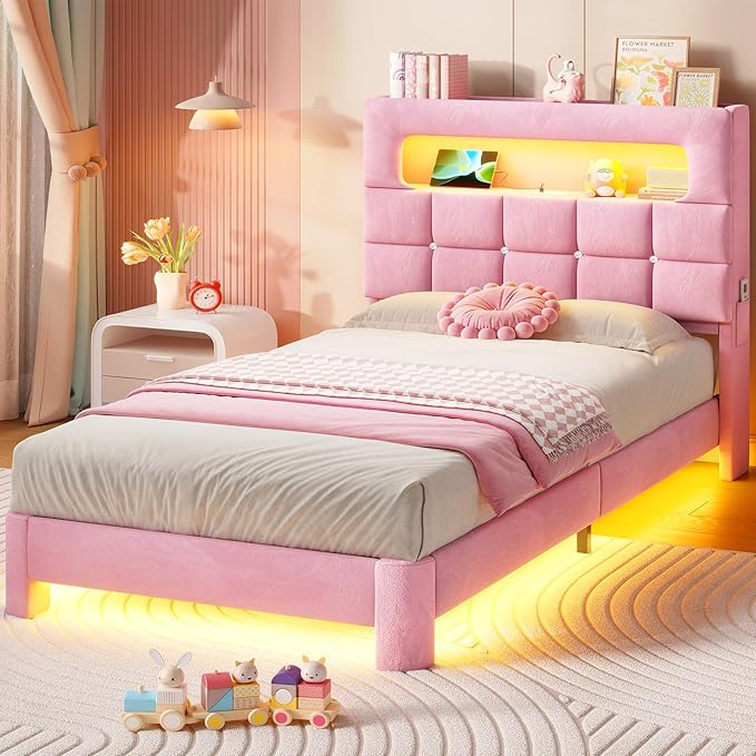 MSmask Twin Upholstered LED Bed Frame with 2-Tier Storage Bookcase Headboard, Velvet Princess Bed with Crystal Button Tufted Headboard & Charging Station, Girls Platform Bed, Curved Legs, Pink