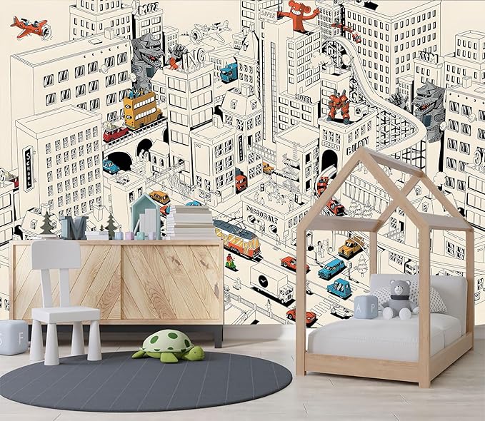 XMPMBM-Cartoon Comics City Nursery Room Fabric Wallpaper Kids Bedroom Hand-Painted Graffiti Wall Mural-W 154" X H 105"（112 Square Foot）
