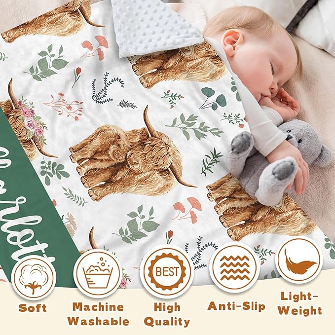 Personalized Baby Name Blanket for Boy Girl, Soft Flannel Blanket with Double Layer Dotted Backing for Infant Newborn, Nursery Crib with Floral Highland Cow Design, Gifts for New Mom(60" x80)