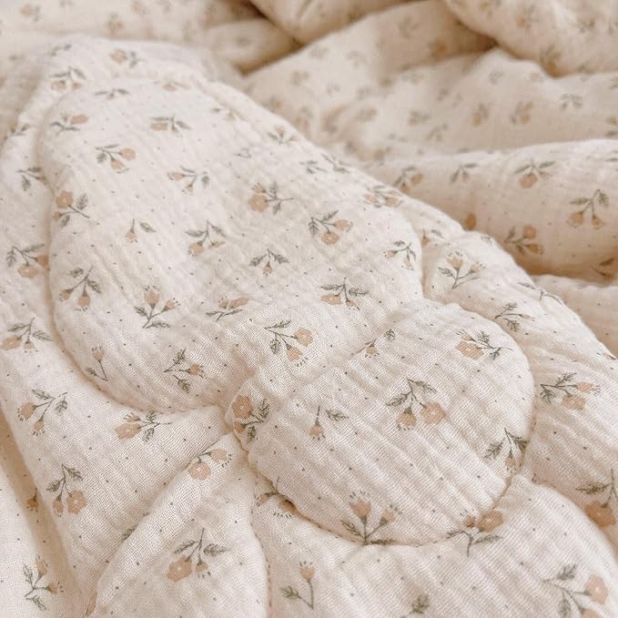 BuLuTu Toddler Bed Quilt with Floral Print Double Layer Muslin Blankets for Children, Ultra Soft Reversible Toddler Kids Quilt Summer Comforter, Sprout Pattern, 60x78 Inches