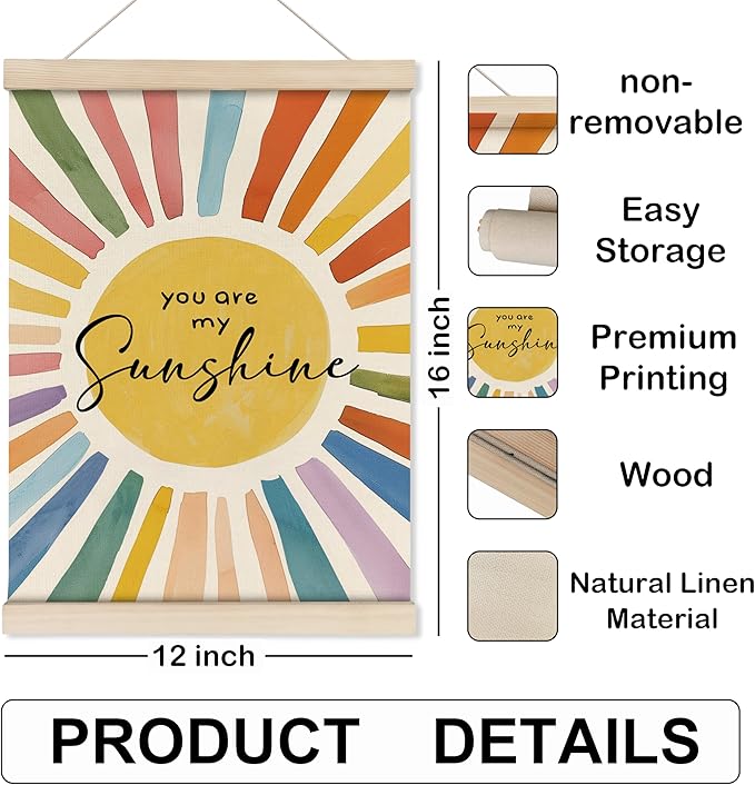 HRQKO You Are My Sunshine Wall Decor Poster Hanger Frame, Nursery Wall Art, Sunshine Playroom Wall Art with Wooden Frames, Boho Sunshine Wall Hanging Banner Decor for Toddler Kids Room, 12x16 Inch