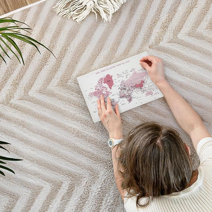 ElephantStock - Places You'll Go Push Pin World Map Wall Art - Horizontal Canvas Wall Art - Living Room Wall Decor - Digital Art Map Canvas Art - White And Pink Decor - 12" x 8"