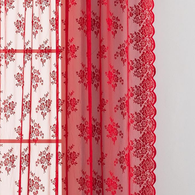 Kotile Red Sheer Curtains 63 Inch Length, W52 x L63 Inch, 2 Panels, Country Rustic Floral Vintage Red Lace Curtains for Bedroom, Rod Pocket Privacy Light Filtering Cottagecore Sheer Window Curtain