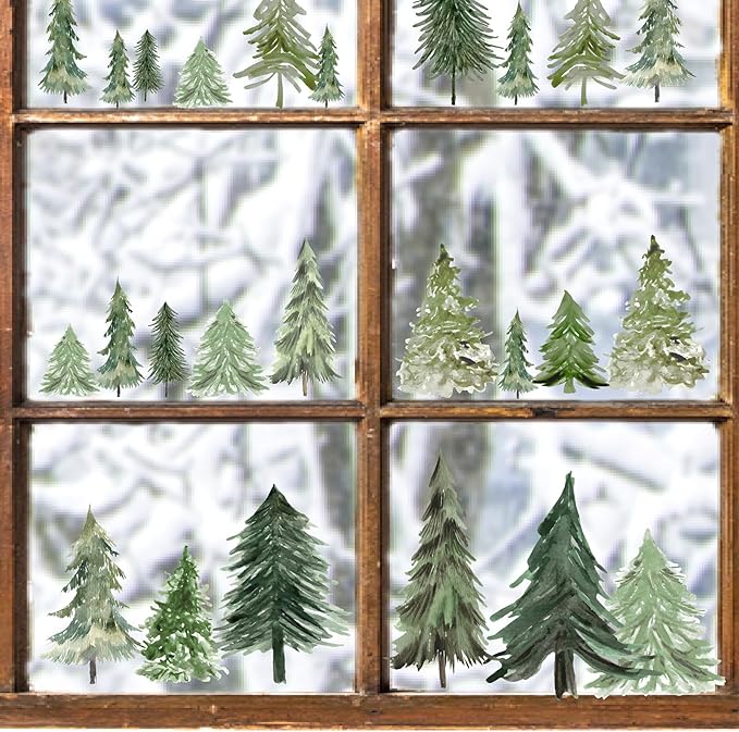 Watercolor Tree Wall Stickers Small Pine Tree Wall Decal Green Trees Wall Window Stickers Removable Forest Trees Decals Peel and Stick Small Tree Wall Decals for Bedroom Living Room