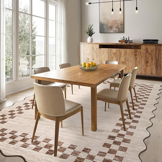 GarveeHome 4x6 Area Rug Small Washable Living Room Rug Scalloped Rug with Rubber Backing Stain Resistant Low Pile Dining Room Throw Carpet Modern Bordered Mat for Bedroom Kitchen, Beige