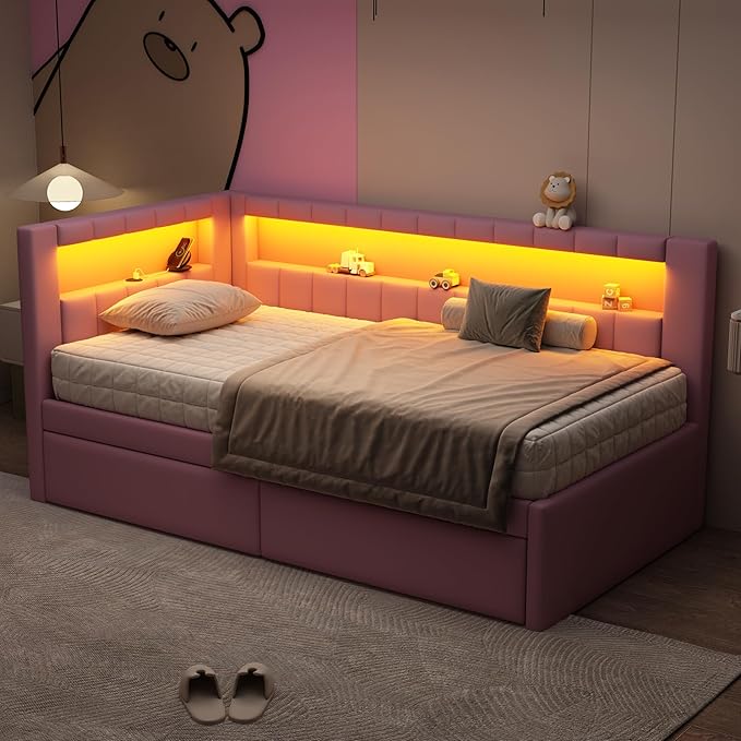 Twin Size Soft Daybed with Storage Drawers, Shelves and LED Belt, Linen Upholstered Corner Bed with L-Shaped Bookshelf Headboard and USB Charger for Kids Boys Girls, Pink