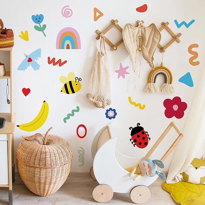 Insect Fruit Wall Decals,Watercolor Doodle Wall Stickers Decor,Peel and Stick Rainbow Flowers, Bees,Fruit Decals for Kids Bedroom Nursery Playroom Living Room and Bedroom Decoration