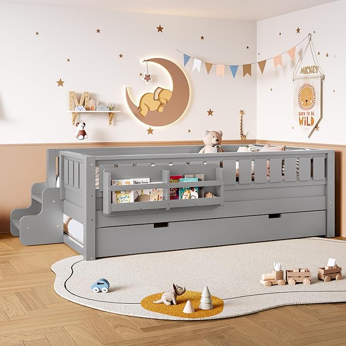 Bellemave Twin Bed with Trundle Twin and Stairs, Twin Size Platform Bed Frame with Fence and Bookshelf, Easy Assemble Beds for Kids, Girls, Boys, Gray