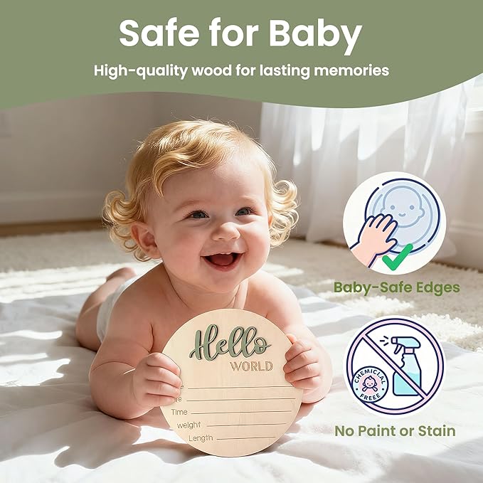 Baby Announcement Sign with Pen, 5.9 Inch Wooden Hello World Newborn Sign for Hospital, 3D Birth Announcement Board, Welcome Baby Name Signs for Nursery, Newborn Gift for Boy & Girl,Green