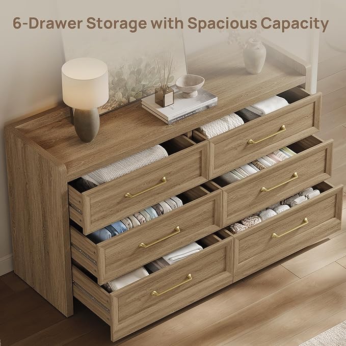 SICOTAS 6 Drawer Dresser for Bedroom-112.8" Extra-Wide Wooden Chest of Drawers with Large Storage, Long Dresser TV Stand with Drawers, Mid Century Modern Closet Dressers for Nursery, Brown Oak, 2PCS