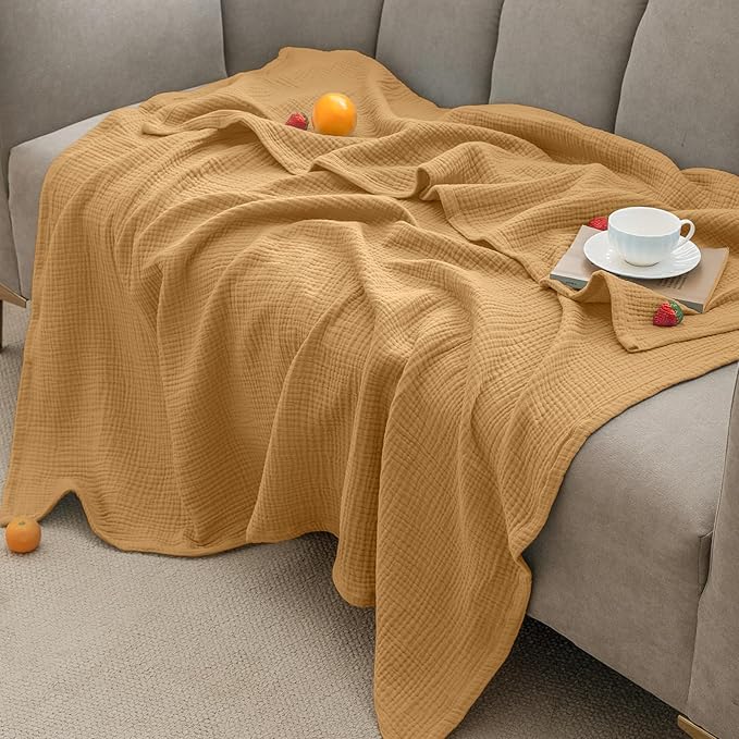 PHF 100% Cotton Muslin Blanket King Size 108"x90", 4-Layer Lightweight Gauze Throw, Breathable Cloud-Soft Minimalist Blanket for Bed, Couch, Camping & Baby, Amber, Ideal Gift