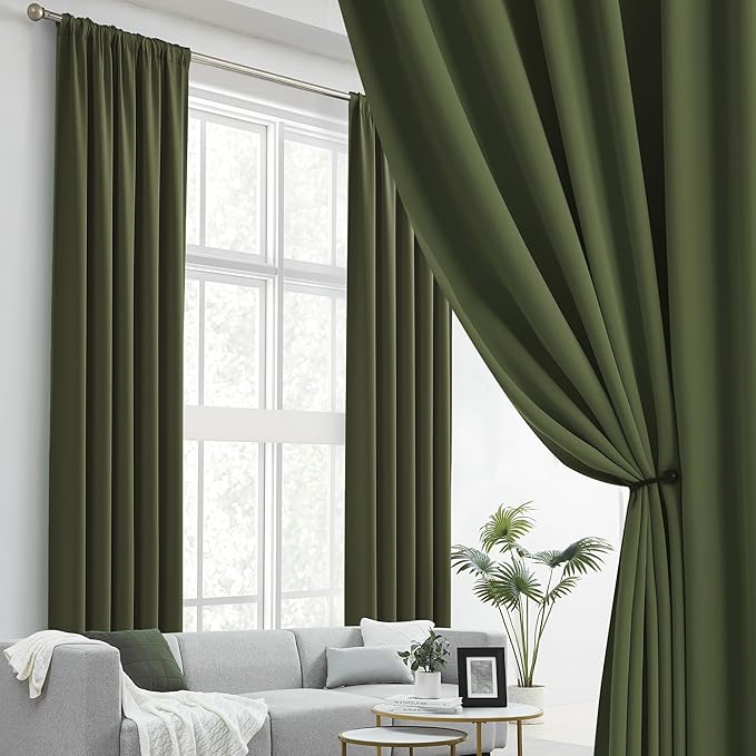 DUALIFE Olive Dark Green Curtains 92 Length 2 Panels, Blackout Curtains Thermal Insulated Window Treatment Room Darkening Drapes for Living Room Back Tab/Rod Pocket, 52 by 92 Inches Long