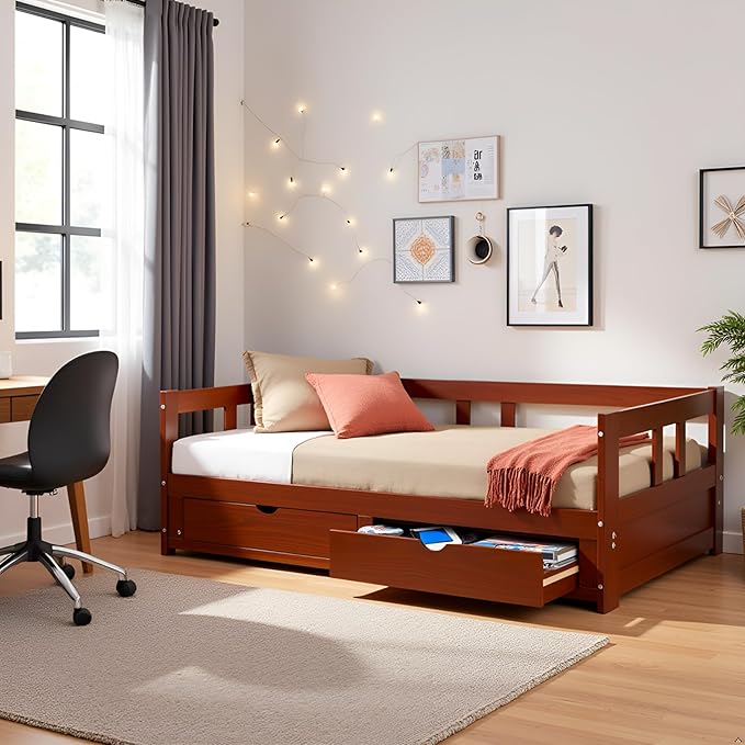 Melody Twin to King Extendable Daybed with Trundle and Storage Drawers – Solid Brazilian Pine Wood Guest Bed with 400lb Capacity for Kids, Teens, or Adults by Aalaterre Furniture (Chestnut Finish)