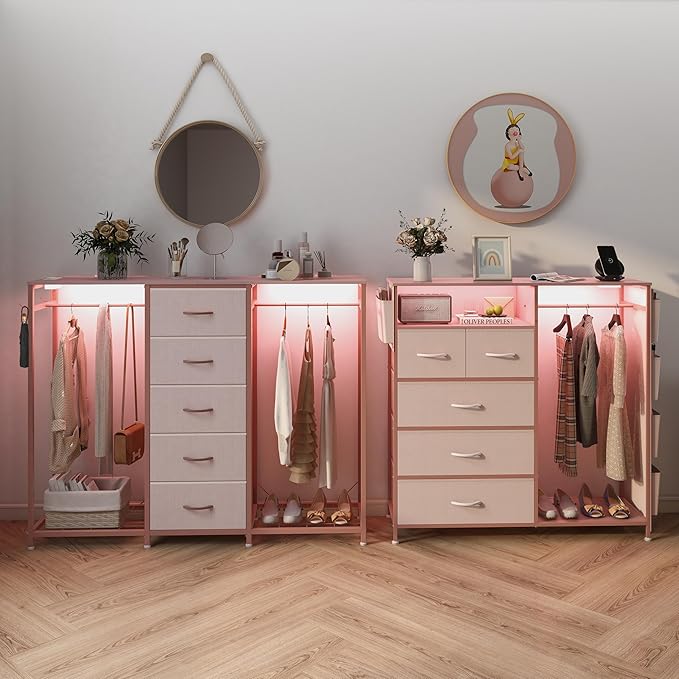Dresser for Bedroom with Clothes Rack 5 Drawer Dresser with Charging Station LED Lights White Chest of Drawers Flexible Shelf and Open Storage Space for Bedroom Living Room (Pink)