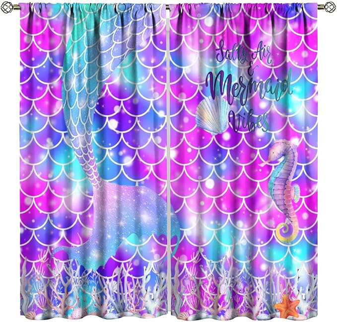 Dream Mermaid Curtains for Kids Boys Girls Ocean Theme Colorful Rainbow Fish Tail Blackout Window Treatment for Bedroom Nursery Room Decor Window Drapes 42" W X 63" L
