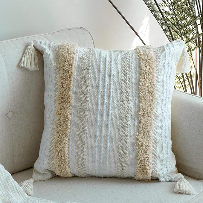 blue page Boho Tufted Throw Pillow Cover 24x24, Neutral Woven Decorative Square Pillow Case for Couch or Bed, Modern Farmhouse Accent, Yellowy Cream