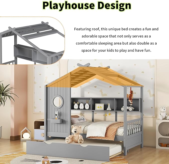 Linique Wooden Twin Size House Bed with Trundle and Storage Shelf,Modern Design Twin Platform Bed Frame with Pitched Roof(Gray)