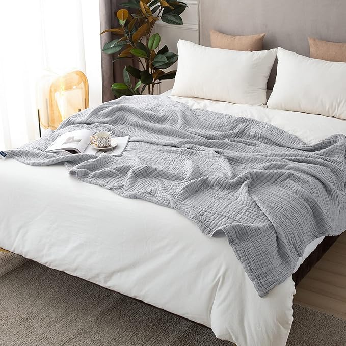 EMME Cotton Blanket Queen Size for Bed Soft Large Muslin Bed Blankets 90"x90" Lightweight Breathable Blanket All Season Gauze, Light Grey