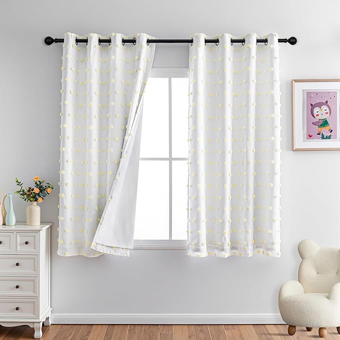 MYSKY HOME 100% Blackout Curtains for Nursery Thermal Insulated Yellow Pom Pom Curtains 63 Inch Length for Girls Bedroom 2 Panels Grommet White Sheer Curtains for Kitchen Dining Room, 52W x 63L