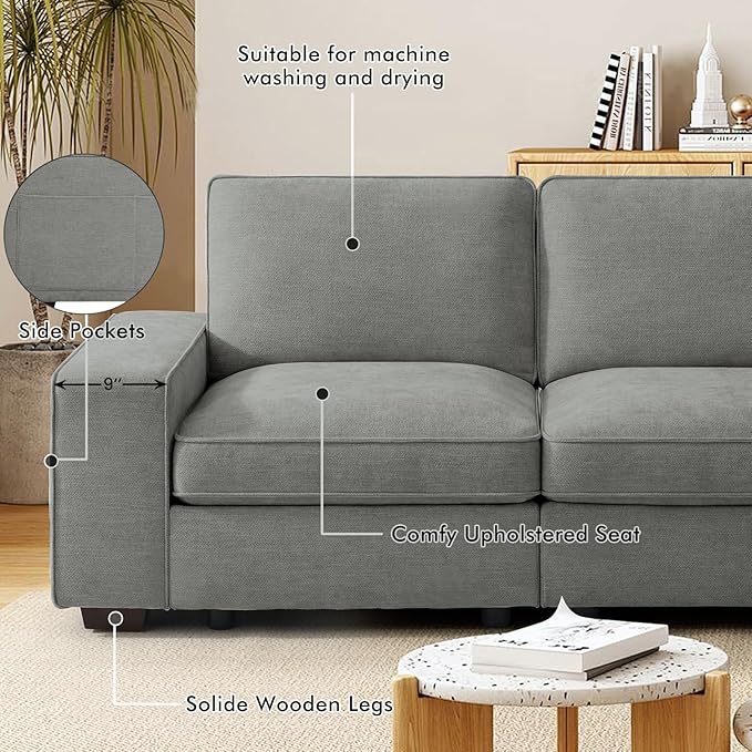 TEKAMON 100" Modular Sofa with Seats Storage, Comfy 3-Seater Chenille Fabric Couch for Living Room, Office, Apart W/Deep Seat, USB Charging, Upholstered Couch with Removable Cover(Light Grey)