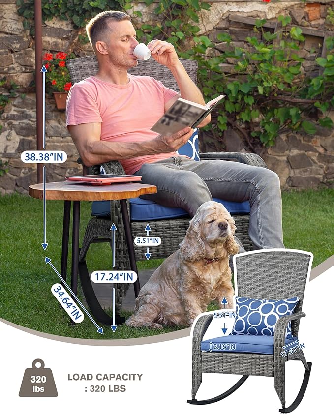 Outdoor Rocking Chair- Glider Rattan Rocker Chair with Heavy Duty Steel Frame- All Weather Outdoor Rocker Chair for Garden, Porch, Backyard, Poolside