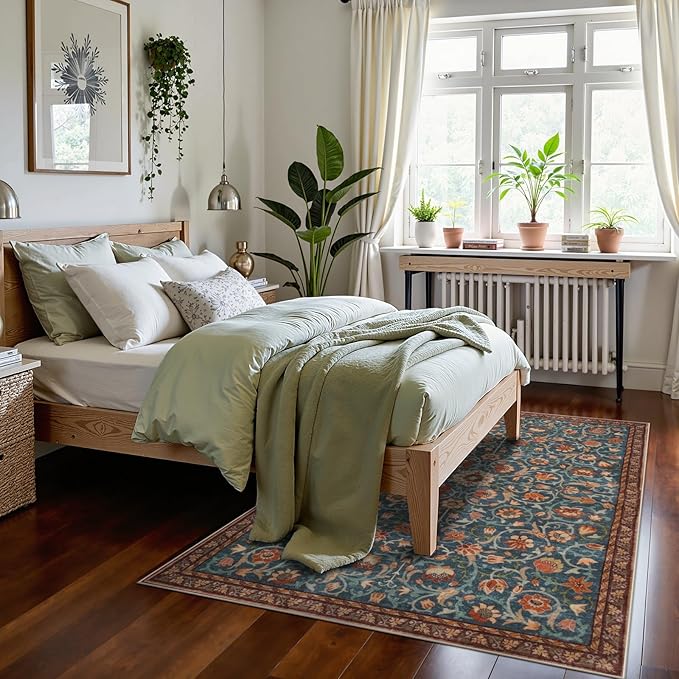 Anidaroel Floral Living Room Rugs 5x7, Washable Large Area Rugs for Bedroom Non Slip Soft Rug, Low Pile Stain-Resistant Dining Room Mat Boho Carpet for Farmhouse Home Office Dorm, Blue&Red