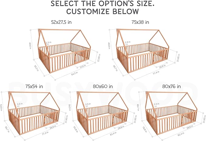 BUSY WOOD House Wooden Playpen - Montessori Floor Bed with Safe Gate - Toddler Bed - Floor Bed - Frame with Fence and Door - Toddler Bedroom Furniture - Full, Twin, Queen, King Size (Model 6)