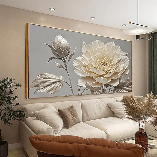 Large Wall Art Living Room Home Wall Decor Modern Canvas Art Wall Decor 29 X 58 Inches White Flower Wall Art Painting Print Elegant Silver White Flower Picture For Bedroom Office Artwork With Framed