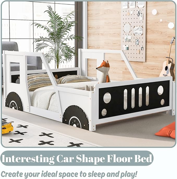 Full Size Car-Shaped Kids Bed with Headboard & Footboard and 4 Side Rails, Race Car Montessori Bed for Boys & Girls, White