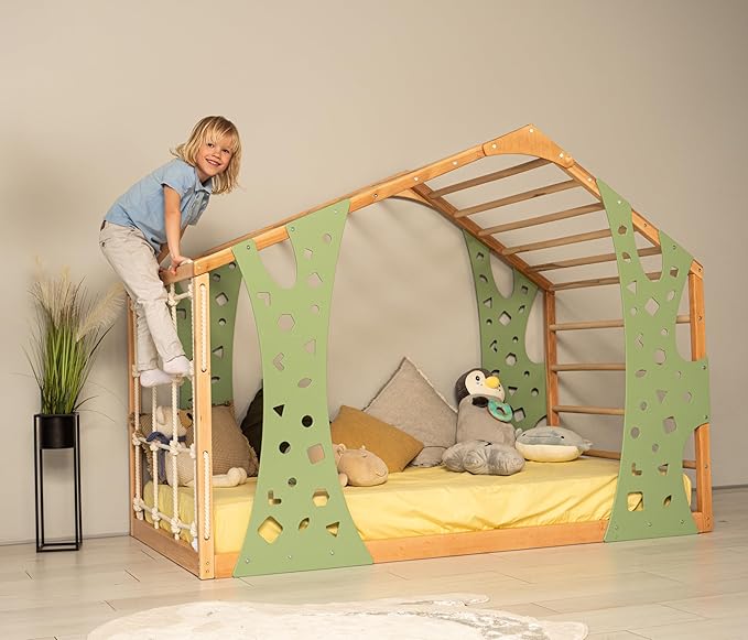 BUSY WOOD Climbing Bed for Toddler Monkey - Montessori Floor Bed Frame Jungle Gym - Twin, Full Bedframe