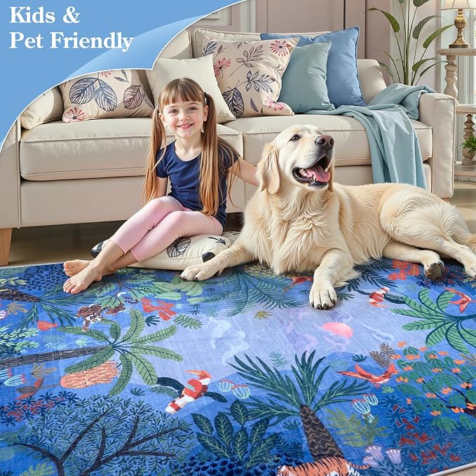 LIVEBOX Washable Bedroom Rug 8x10 Under Bed, Modern Stain Resistant Botanical Rug for Living Room Playroom Kids Boy Room, Non-Slip Jungle Forest Print Rugs for Nursery Baby