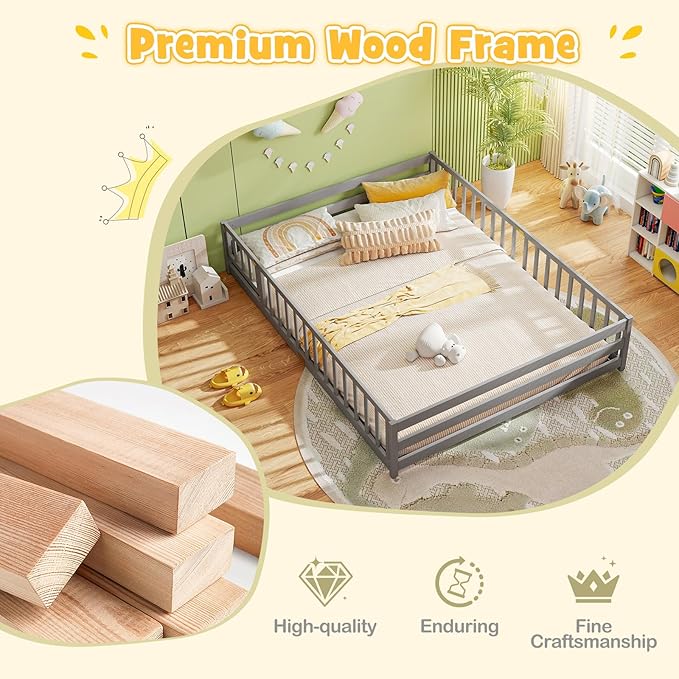 KOMFOTT Queen Size Wood Floor Bed with Door & Fence, Montessori Bed Frame with Full Length Safety Guardrails, Door & Latch, Wooden Montessori Floor Bed for Kids, Girls, Boys (Queen,Grey)